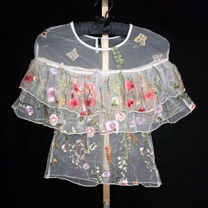 Vintage Palacios Sheer Floral Embroidered Cape Shoulder Blouse S